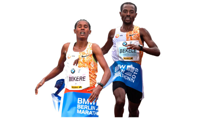 Både hos kvinderne og mændene sejrede etiopierne ved dette års Berlin Marathon. Tv. Ashete Bekere, th. Kenenisa Bekele. Foto: Ritzau Scanpix