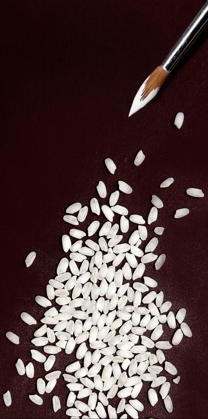 De gamle, grønlige ris blev først behandlet med blegemiddel og siden beklædt med paraffinolie for at genskabe kornenes blanke overflade. Illustration: Mie Brinkmann