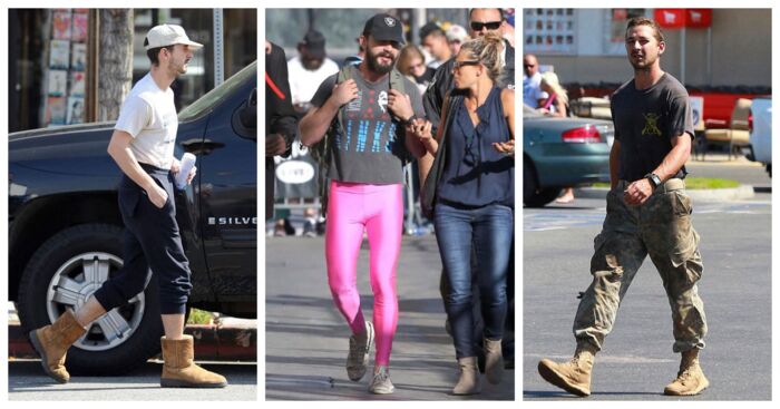 Pædagog-Crocs, Navy SEAL-støvler, lyserød løbebuks, poset sweatshirt, fesenlilla shorts eller næsten ingenting. Shia LaBeouf bærer det hele med en »fuck det«-attitude, der indvarsler en helt ny, legesyg manderolle. Fotos: Instagram
