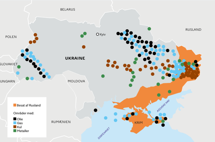 Sådan fordeler nogle af de vigtigste råstoffer sig i Ukraine. Kortet er lavet med udgangspunkt i en rapport fra det canadiske analysefirma SecDev. Grafik: Andreas Peretti