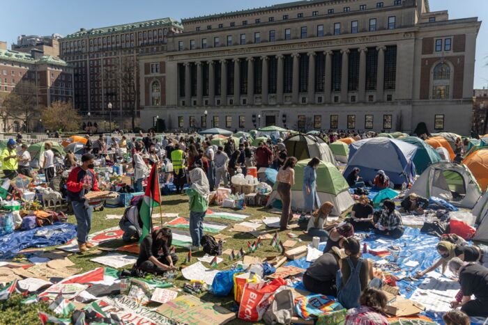 Teltlejren 'The Palestine Encampment' som demonstranterne på Columbia University satte op på universitets grund. Foto: Derek French, Sipa / Scanpix
