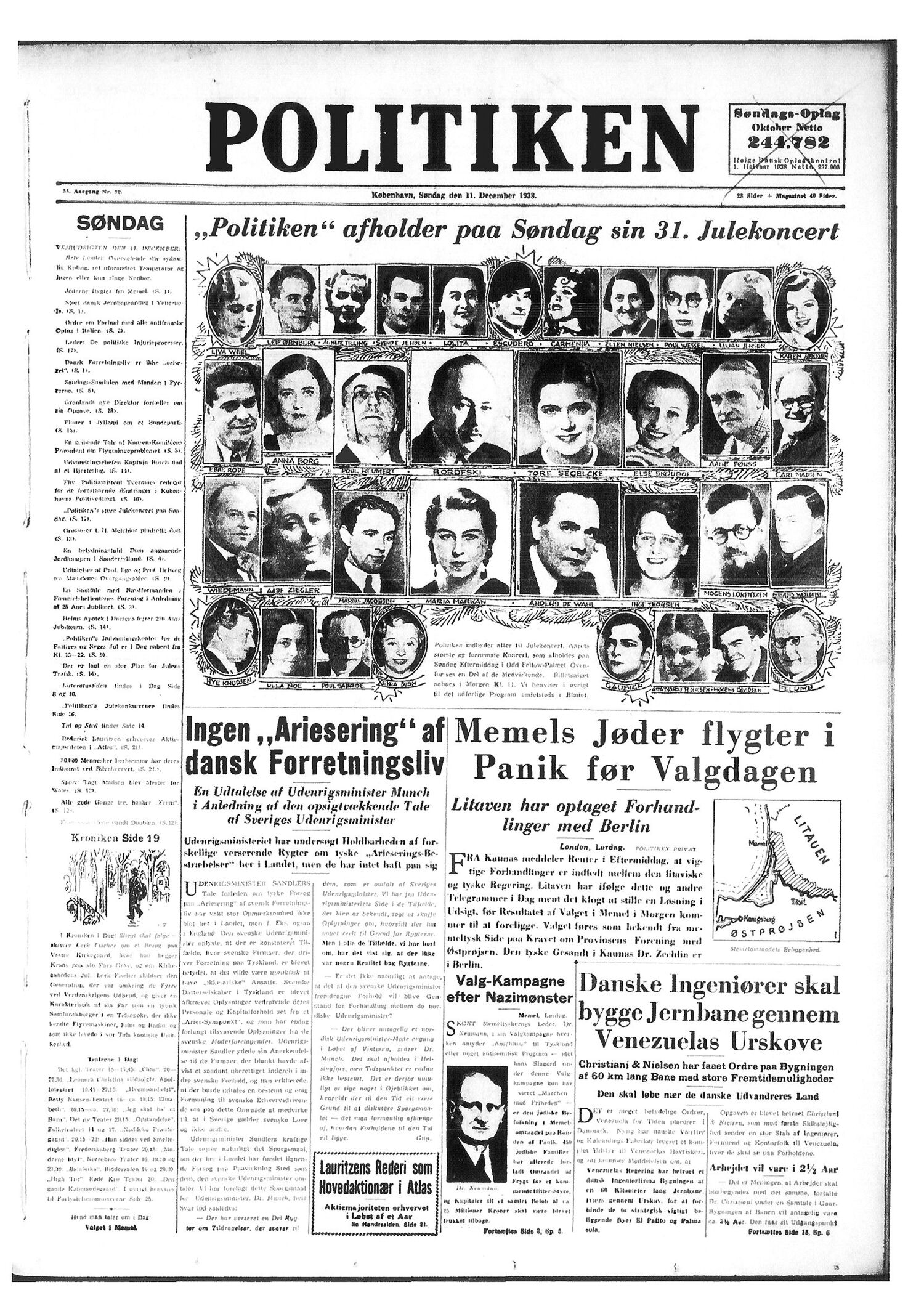 Forsiden af Politiken 11. december 1938, hvor udenrigsminister Peter Munch afviser, at tyskerne skulle forsøge at udrense jøder fra dansk erhvervsliv.