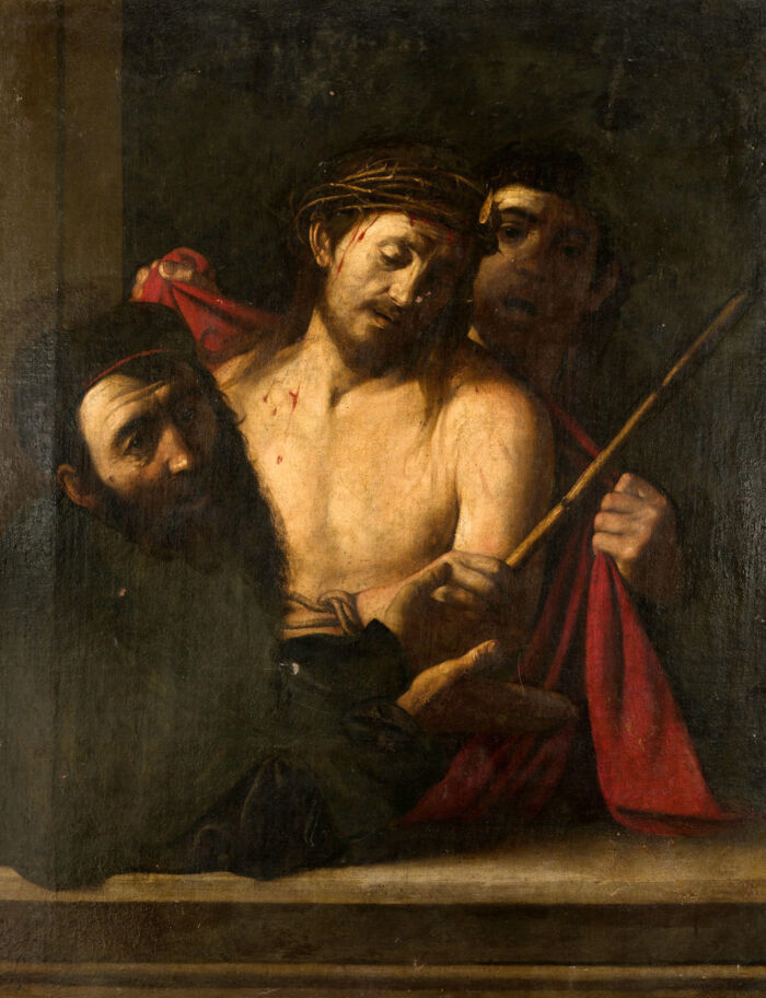 Maleriet Ecce Homo, der forestiller den tornekronede Kristus og den romerske præfekt Pontius Pilatus, blev i lang tid tilskrevet Jusepe de Ribera. Man da det pludselig så ud, som om penslen havde ligget i hånden på Caravaggio, blev vurderingssummen fordoblet 100.000 gange. Foto: Wikimedia Commons