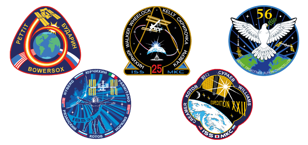 <p>Logoer (»patches«) fra nogle af de mange ekspeditioner til den Internationale Rumstation gennem tiden. Fredag d. 18 marts skal tre russiske kosmonauter efter planen slutte sig til den igangværende ekspedition 66. Illustration: NASA</p> Foto: 